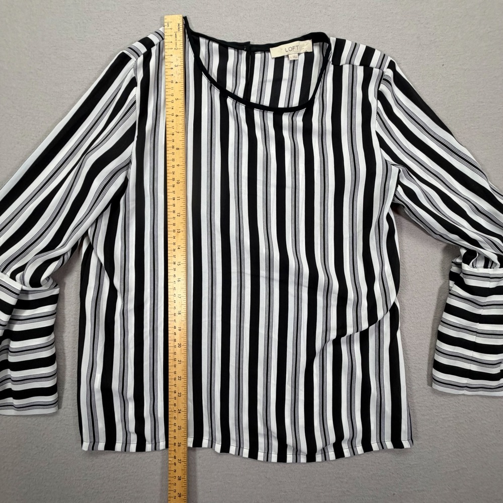 LOFT Blouse Womens Large Good Black White Striped Tiered Bell Sleeve Crew Neck - Picture 2 of 7